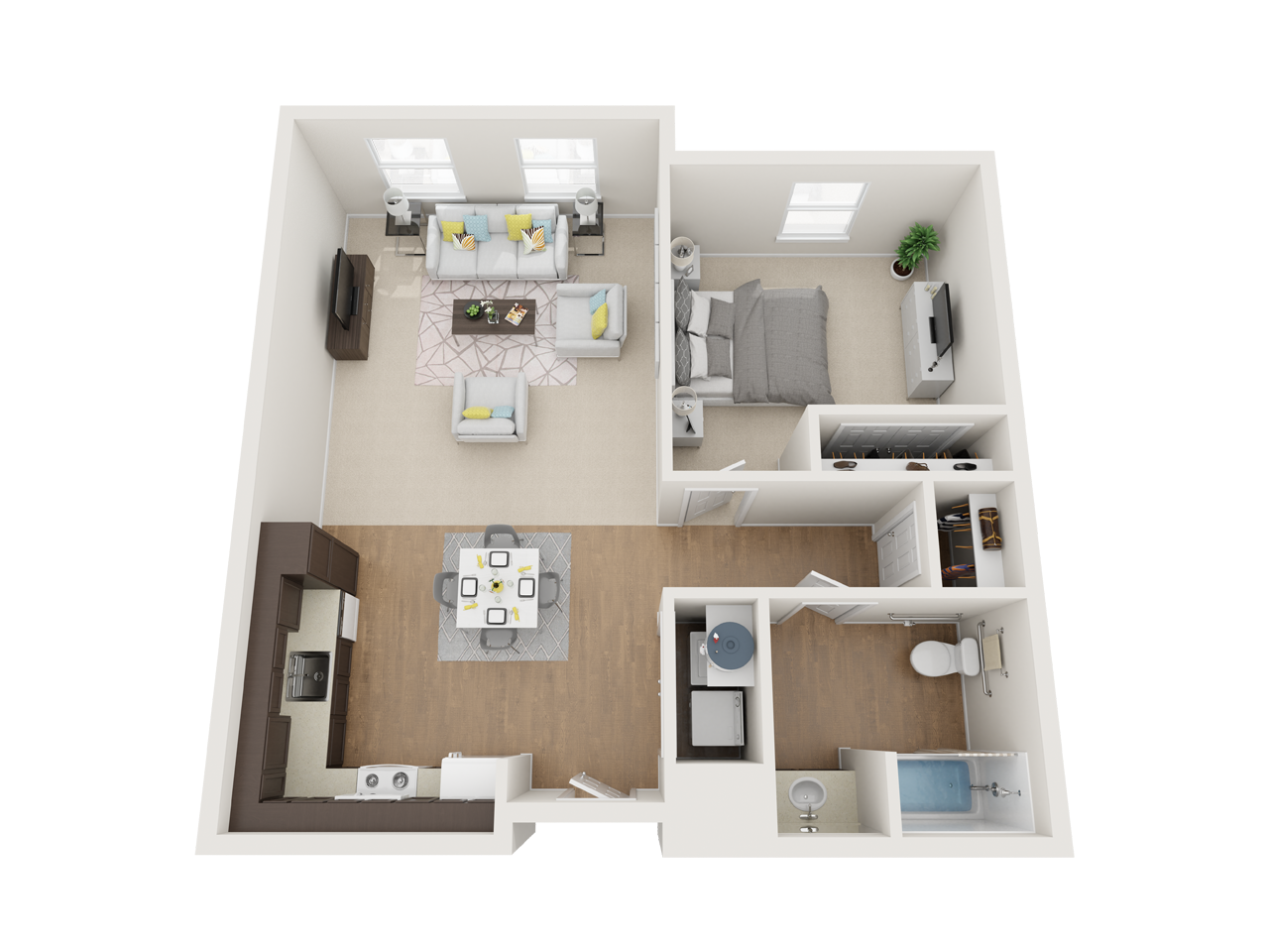 Floor plan for 1 bed, 1 bath, 736 sqft
